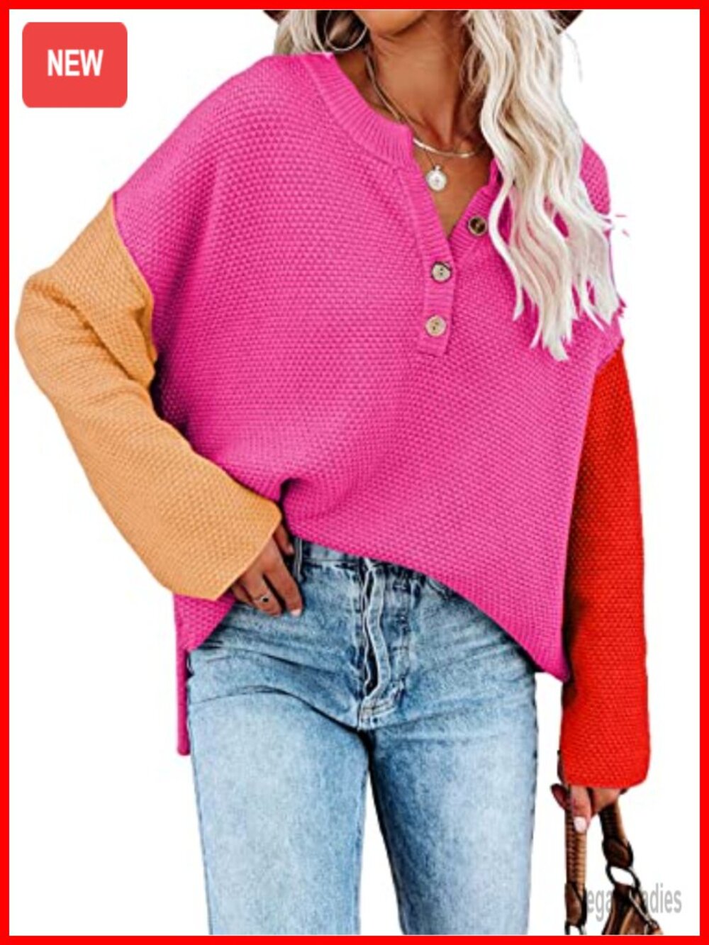 Waffle Knit Oversized Henley Pullover Sweater Batwing Sleeve V-Neck